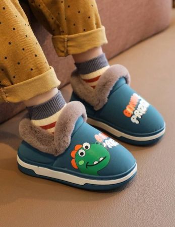 Boys PU Leather Dinosaur Flat Cute Children Home Slippers Suitable For Winter