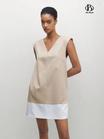 BizChic فستان نسائي بياقة V وبدون أكمام بلون متباين، ملابس محترفة