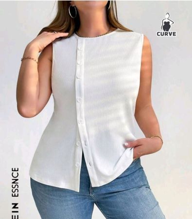 بلوزة SHEIN Essnce النسائية كبيرة الحجم بدون أكمام بتصميم محبوك وفتحة أمامية غير رسمية، مناسبة للارتداء اليومي، مناسبة للعودة إلى المدرسة والخروج، باللون الأبيض