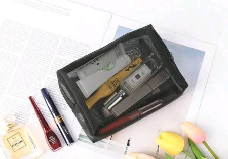 حقيبة مكياج شبكية سوداء كبيرة السعة، 3 قطع ، مناسبة لمختلف أنواع السفر والنزهات في الصيف