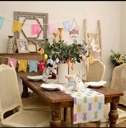 مفرش طاولة عيد الفصح قطعة واحدة، زينة أرنب ملونة، زينة طاولة عطلة ريفية، زينة طاولة الربيع، زينة طاولة المطبخ، زينة حفلات العشاء الداخلية والخارجية