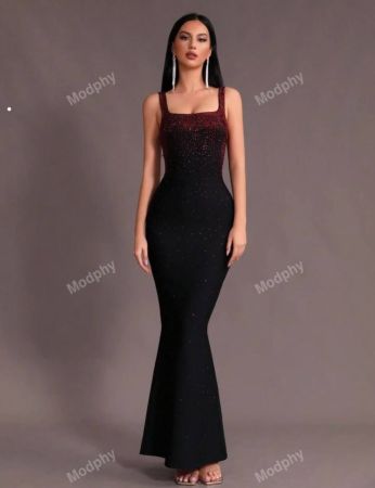 فستان نسائي جديد من Modphy أسود فاخر بدون أكمام بأحجار الراين مثير بياقة مربعة وذيل سمكة وضيق، فستان رسمي لحفلات الزفاف والسهرة