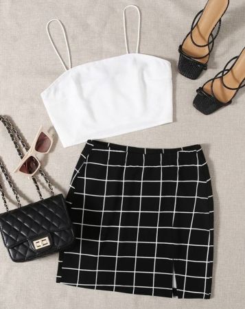طقم SHEIN EZwear بلوزة كامي سادة وتنورة شبكية بحاشية مقسمة