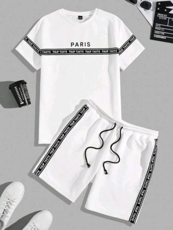 تي شيرت رجالي كاجوال محبوك بأكمام قصيرة مطبوع عليه حروف من Manfinity UrbanChill مع شورت، قطعتين/مجموعة