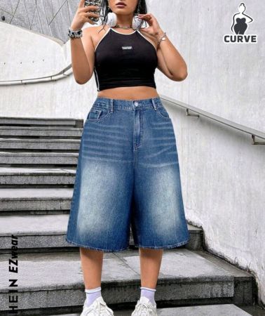 بنطلون جينز SHEIN EZwear كاجوال فضفاض بمقاسات كبيرة وساق واسعة بطول 7/8
