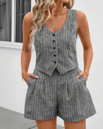 طقم سترة وشورت مخطط صيفي كاجوال للنساء من SHEIN Clasi