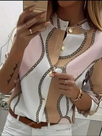 قميص نسائي بأكمام طويلة وياقة واقفة وطبعة سلسلة، بلوزات بأكمام طويلة