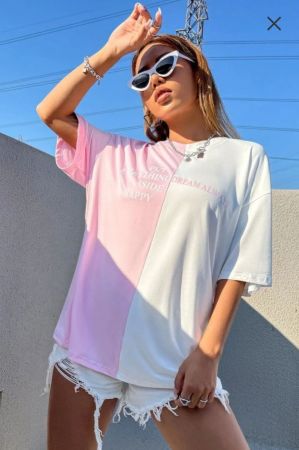 تي شيرت SHEIN EZwear كاجوال بنقشة حروف وأكمام قصيرة ورقبة دائرية وقصّة فضفاضة للنساء، مزيج قطني، صيفي