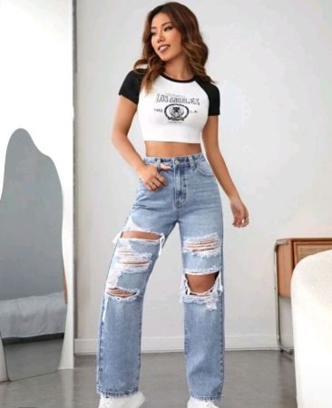 بنطلون جينز SHEIN PETITE بسحاب وساق مستقيمة ممزقة