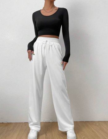 بنطلون SHEIN EZwear أسود كاجوال برباط أمامي وخصر مطاطي وساق مستقيمة