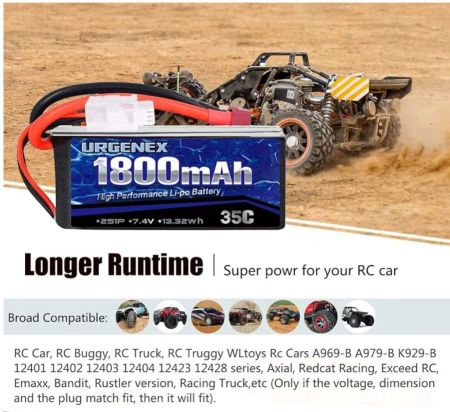 بطارية URGENEX 2S LiPo 7.4 فولت LiPo، بطاريات RC LiPo 35C 1800 مللي أمبير/ساعة مع قابس T Campatibal مع سيارات WLtoys Rc A959-B، شاحنة، عربة، طائرة هليكوبتر، طائرة بدون طيار، سباق (عبوة من قطعتين)