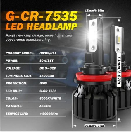 مصباح أمامي LED H11 من KATUR، 80 وات 16000 لومن 6000 كلفن أبيض بارد سطوع 400%، إضاءة فائقة، زاوية شعاع قابلة للتعديل 360 درجة، طقم تحويل لمبات LED H9/H8، مقاوم للماء IP65، عبوة من قطعتين