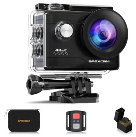 كاميرا Apexcam 4K Action بدقة 20 ميجابكسل وكاميرا رياضية مقاومة للماء حتى 40 مترًا للتدوين المرئي بدقة فائقة الوضوح بزاوية واسعة 170 درجة وجهاز تحكم عن بعد 2.4 جيجاهرتز وبطاريتين قابلتين لإعادة الشحن وشاشة LCD مقاس 2.0 بوصة ومجموعة ملحقات