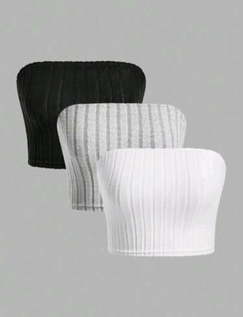 مجموعة ملابس داخلية قصيرة من 3 قطع من SHEIN EZwear متعددة الألوان محبوكة ومضلعة بدون حمالات كتف