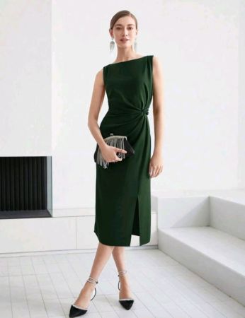 فستان متوسط الطول MOTF PREMIUM SOLID TWIST WAIST SPLIT HEM
