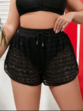 ملابس سباحة SHEIN Swim Curve صيفية للشاطئ بمقاس كبير من الدانتيل بلون واحد، شورت سباحة بخصر عالٍ، ملابس سباحة للشاطئ، أجواء العطلة