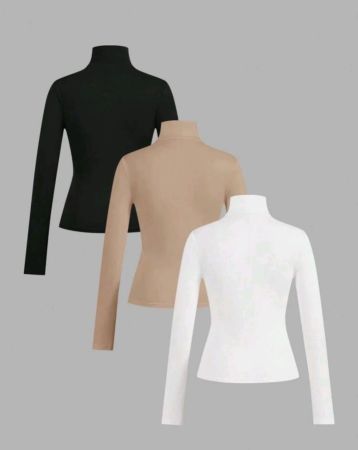 مجموعة تي شيرتات طويلة الأكمام وضيقة من SHEIN EZwear مكونة من 3 قطع للنساء، بياقة مدورة، باللون الأسود/الأبيض/الكاكي، مناسبة للخريف/الشتاء