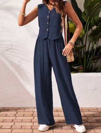 SHEIN Frenchy مجموعة سراويل وبلوزة كاجوال للنساء، 2قطعة، ملابس علوية بياقة على شكل حرف V بدون أكمام أحادية الصدر بلون أحادي ذات طراز بسيط، وسراويل مستقيمة فضفاضة مريحة، أزرق كحلي، مناسب للارتداء اليومي الكاجوال في الربيع/الخريف