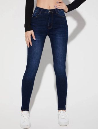 بنطلون جينز SHEIN Essnce Slant Pocket Skinny، للنساء، كاجوال، بأزرار، وجيب، وسحاب، وخصر مرتفع، وطويل، وغسيل داكن، للنساء، ربيع/خريف، ملابس يومية كاجوال