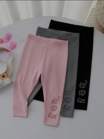 SHEIN مجموعة من 3 سراويل متعددة الاستخدامات وجذابة للبنات الرضع، الأزياء المحبوكة بنمط كرتوني وخصر مطاطي