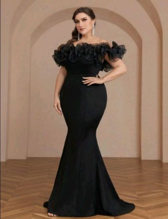 فستان سهرة أنيق ومبالغ فيه من SHEIN Belle مقاس كبير، شبكي ثلاثي الأبعاد، مزين بالزهور، ضيق وطويل حتى الأرض، محبوك، بقصة ذيل السمكة (متين)، أسود، فستان رسمي لحفلات التخرج وحفلات العشاء
