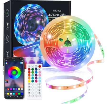 شريط إضاءة ليد بطول 5 أمتار، شريط إضاءة ليد متغير اللون بتقنية البلوتوث RGB مع جهاز تحكم عن بعد، مزامنة الموسيقى، إضاءة ليد لغرفة النوم والمطبخ والتلفزيون والحفلات
