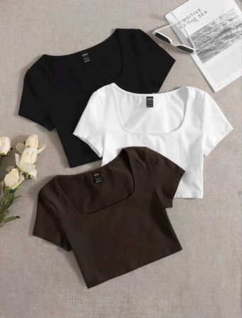 تي شيرتات SHEIN EZwear نسائية كاجوال بأكمام قصيرة ورقبة مربعة من 3 قطع بلون سادة