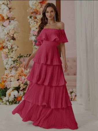 SHEIN Belle فستان سهرة مستوحى من الكرة المتدرج بطيات متعددة الطبقات للكتف لحفلات المساء، أنيق وشكل رسمي لحفلات التخرج والعشاء والزفاف