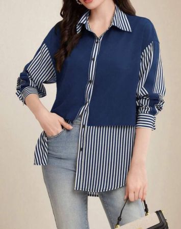 SHEIN Unity قميص نسائي بشريطين عموديين ألوان منقطعة النظير