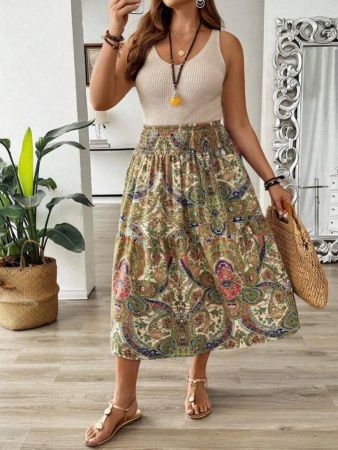 SHEIN Holidaya تنورة واسعة الحجم بطبعة بيزلي العتيقة وخصر مطاطي مجمع