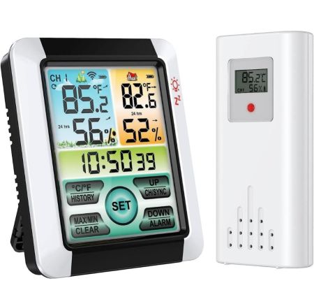 مقياس حرارة داخلي وخارجي من إكسفور، محطة طقس لاسلكية مع مستشعر عن بعد، شاشة LCD ملونة 4 بوصة، مقياس رطوبة رقمي، شاشة تعمل باللمس، ساعة منبه للفناء والمنزل والغرف