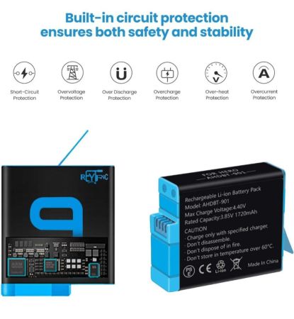 مجموعة بطاريات REYTRIC Hero 9/10/11/12 المكونة من 2 قطع وشاحن ثلاثي القنوات متوافق مع GoPro Hero 9 Black وGoPro Hero 10 Black وGoPro Hero 11 12 Black (متوافق تمامًا مع بطاريات GoPro9 وGoPro10 وGoPro11 12)