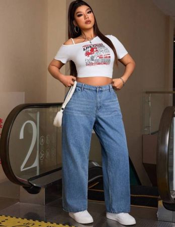 SHEIN EZwear بنطال جينز دينم بجيب أمامي بسيط مقاس كبير ، يومي عادي