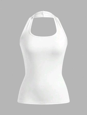 بلوزة SHEIN EZwear بيضاء طويلة كاجوال برقبة على شكل هالتر، بلوزة نسائية بدون أكمام ملائمة للصيف