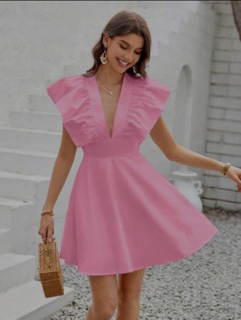 Aveloria فستان صيفي للنساء بألوان صلبة عميقة V-Neck مع راية متموجة