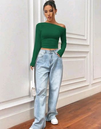 تيشيرت فليرلا بلون سادة، بياقة غير متماثلة، بتصميم ضيق، وقصة ضيقة، وقميص أخضر قصير، وقميص أخضر، وقميص أخضر قصير بأكمام طويلة، وقميص أخضر زمردي قصير للسيدات