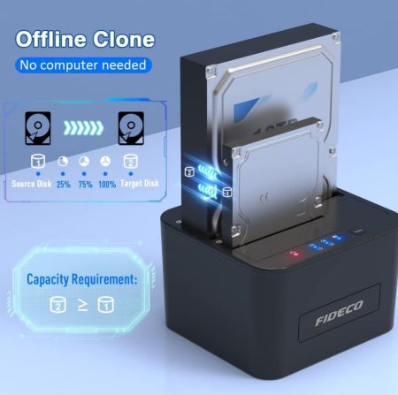 محطة إرساء FIDECO HDD، محطة إرساء USB 3.0 لمحركات الأقراص الصلبة SATA HDD/SSD مقاس 2.5 و3.5 بوصة، مع دعم النسخ غير المتصل ثنائي الفتحات