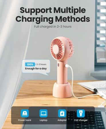 مروحة Gaiatop صغيرة محمولة، صغيرة وقوية، تصميم لطيف 3 سرعات مروحة شخصية محمولة، سطح المكتب مع قاعدة خفيفة الوزن قابلة لإعادة الشحن عبر USB للمكياج الأنيق للفتيات والنساء والسفر الداخلي والخارجي وردي