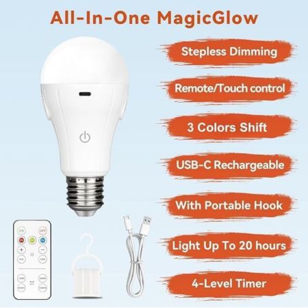 مصابيح Neporal MagicGlow القابلة لإعادة الشحن عدد 4 مع جهاز تحكم عن بعد، 3 ألوان قابلة للتعتيم تعمل بالبطارية، قابلة لإعادة الشحن عبر USB، مصابيح LED للطوارئ A19، 15 وات، حتى 24 ساعة