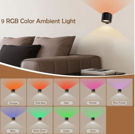 مصباح حائط NALACAL LED مثبت على الحائط لأعلى ولأسفل مع 4 سطوع قابل للتعتيم و9 ألوان RGB، كرة مغناطيسية لاسلكية تدور 360 درجة، جهاز تحكم عن بعد باللمس، ضوء قابل لإعادة الشحن (علبة تحتوي على قطعتين)