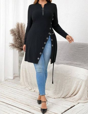 SHEIN Clasi تي شيرت كم طويل للنساء ذوات الحجم الكبير بلون أحادي بسيط للارتداء اليومي مزين بسحاب وحلقة