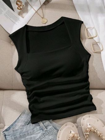 بلوزة نسائية بدون أكمام بتصميم ضيق بدون حمالة صدر من SHEIN EZwear مع بطانة صدر مدمجة، ربيع/صيف