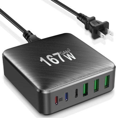 شاحن USB C، شاحن من النوع C بقوة 167 واط، شاحن سفر بستة منافذ، شاحن سريع متعدد منافذ USB C، محطة شحن USB محمولة متوافقة مع أجهزة MacBook Pro/Air، وأجهزة الكمبيوتر المحمولة من HP، وأجهزة iPad، وأجهزة iPhone مقاس 14/13/12/11