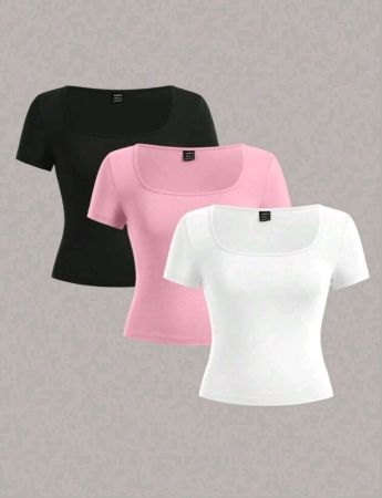 مجموعة 3 قطع من SHEIN EZwear مقاس كبير للنساء باللون الأسود والأبيض والوردي بأكمام قصيرة وقميص قصير مناسب للصيف