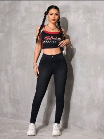 بنطلون جينز نسائي من SHEIN PETITE بتصميم جيوب وضيق متعدد الاستخدامات