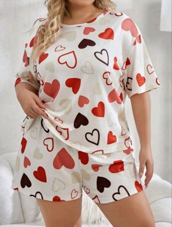طقم بيجامة نسائي مقاس كبير كاجوال بأكمام قصيرة ونمط قلب لطيف مع شورت طقم بيجامة CurvyPejama مقاس كبير أطقم بيجامات مقاس كبير