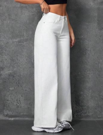SHEIN Tall بنطال جينز نسائي أبيض واسع الساق بخصر متوسط، بتصميم بسيط وأنيق للارتداء اليومي العادي