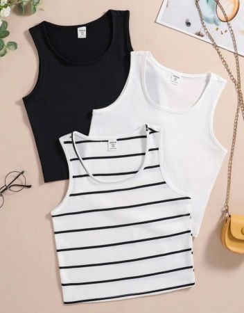SHEIN مجموعة من 3 قطع من السترات باللونين الأسود والأبيض بتصاميم بسيطة مناسبة للفتيات المراهقات ومتعددة الاستخدامات