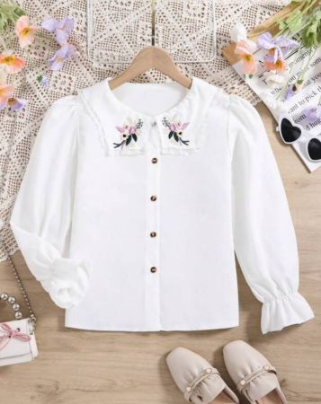 SHEIN قميص بياني أنيق مطرز لفتاة مراهقة، ذو كم جرسي متجعد وياقة مزينة