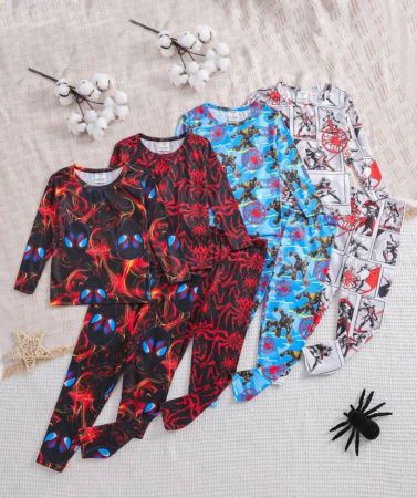 SHEIN  طقم كامل بناطيل بيجاما وتيشيرت كم طويل ، طباعة شخصيات الرسوم المتحركة الطفل عنكبوت والبطل الخارق ، مجموعة بيجاما مريحة وكاجوال راحة المنزل
